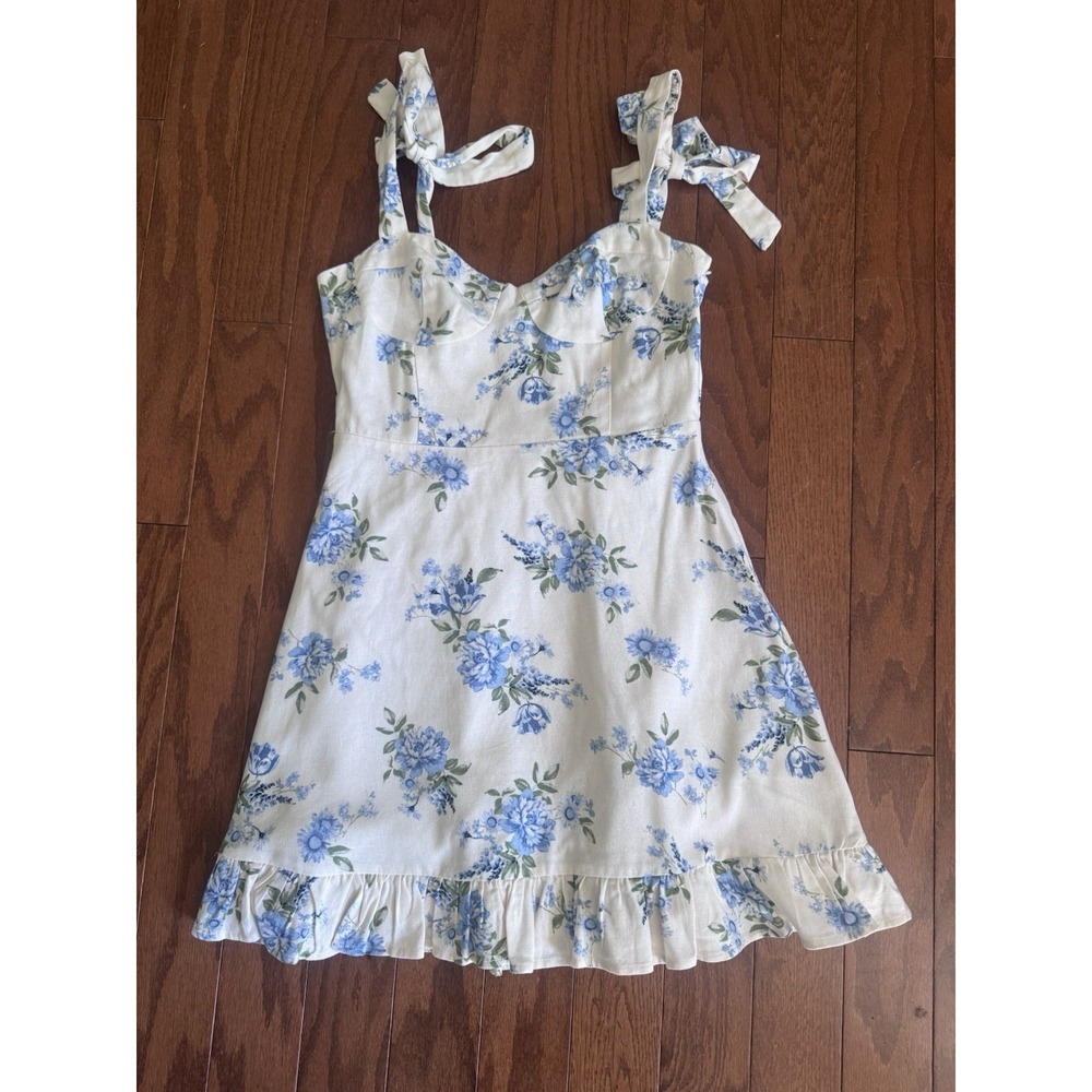 Dress Forum Blue Floral Tie Strap Ruffle Hem Mini Dress‎ Cottagecore Size M